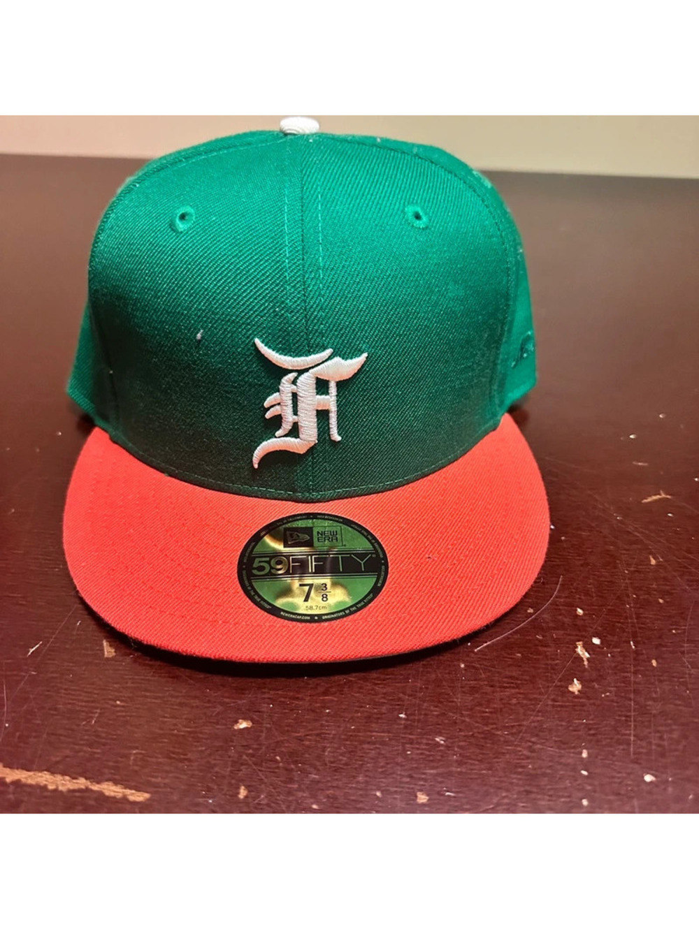 Fear of God, essentials, new era, green orange brim fitted hat, size 7 3/8